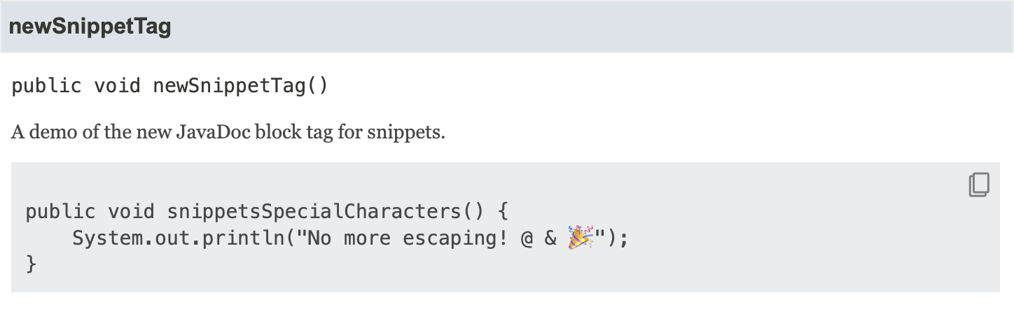 JavaDoc documentation using {@snippet} JavaDoc documentation using {@snippet}