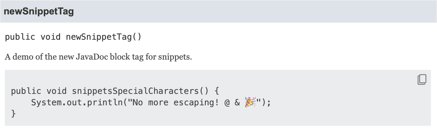 JavaDoc documentation using <code>{@snippet}</code>