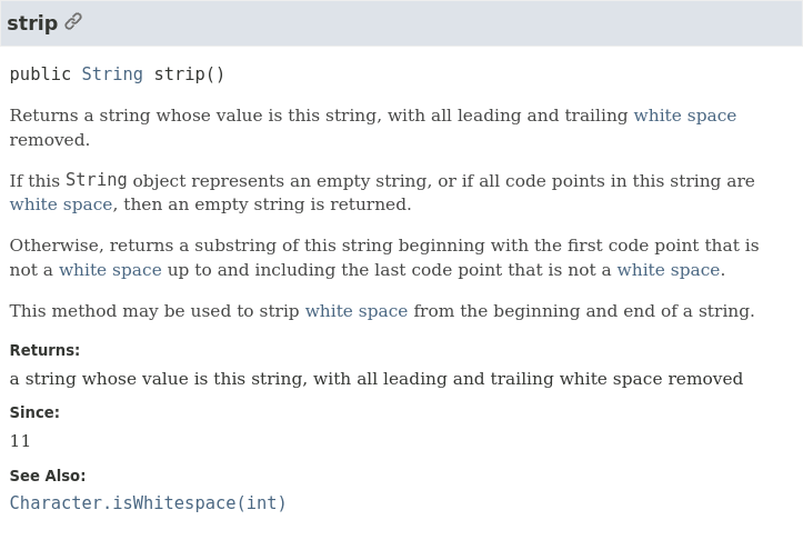 JavaDoc documentation for String#strip() JavaDoc documentation for String#strip()