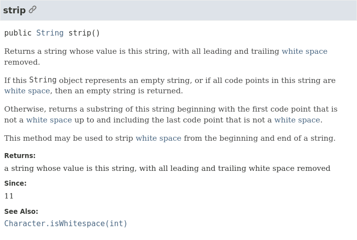 JavaDoc documentation for <code>String#strip()</code>
